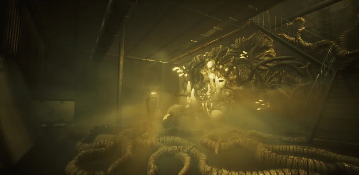 A mutant bug colony glowing in the fog inside a military dock facility