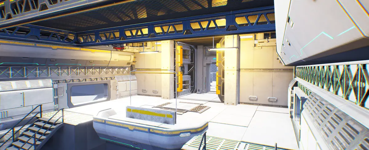 The brightly lit interior of the solar-punk battle arena